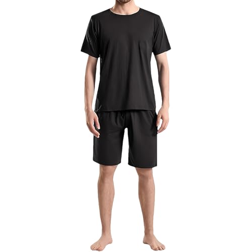 Jamron Herren Übergröße Schlafanzug Kurz Pyjama Set Kurzarm T-Shirt und Shorts Sommer Nachtwäsche Loungewear mit Taschen Schwarz XL von Jamron