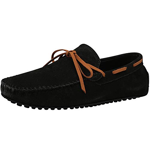 Jamron Herren Wildleder Handgefertigt Mokassins Gemütlich Pantoffeln rutschfest Bootsschuhe Beiläufig Halbschuhe Flats Schwarz SN19077 EU42 von Jamron