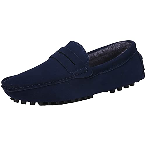 Jamron Herren Wildleder Penny Loafers Gemütlich Fahrende Schuhe Mokassin Slippers Plüsch Gefüttert Marineblau 2088-2 UK9/EU43 von Jamron