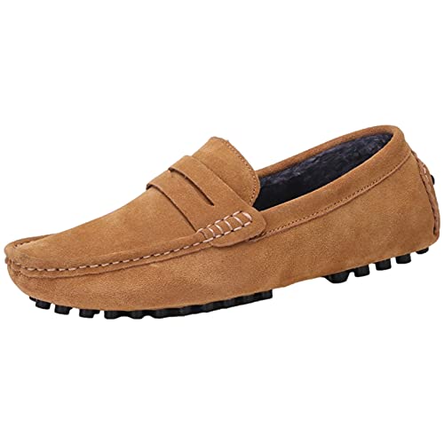 Jamron Herren Wildleder Penny Loafers Gemütlich Fahrende Schuhe Mokassin Slippers Plüsch Gefüttert Braun 2088-2 UK8/EU42 von Jamron