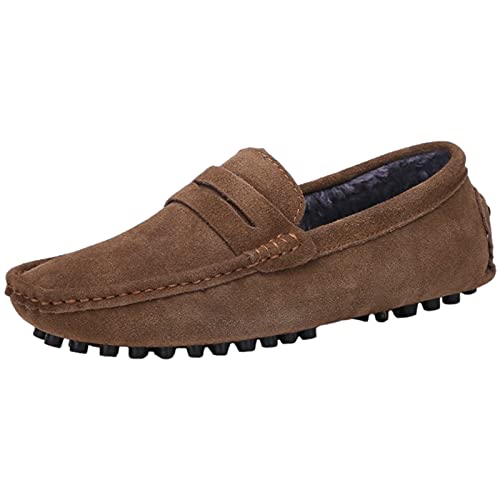 Jamron Herren Wildleder Penny Loafers Gemütlich Fahrende Schuhe Mokassin Slippers Plüsch Gefüttert Khaki 2088-2 UK11/EU45.5 von Jamron