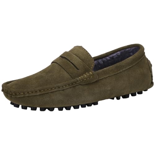 Jamron Herren Wildleder Penny Loafers Gemütlich Fahrende Schuhe Mokassin Slippers Plüsch Gefüttert Khaki 2088-2 UK12.5/EU47.5 von Jamron