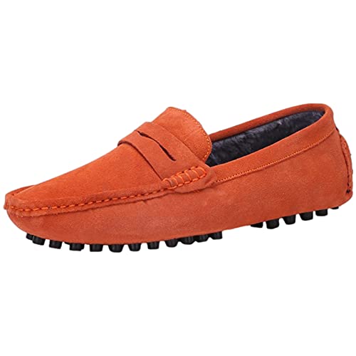 Jamron Herren Wildleder Penny Loafers Gemütlich Fahrende Schuhe Mokassin Slippers Plüsch Gefüttert Orange 2088-2 UK8/EU42 von Jamron