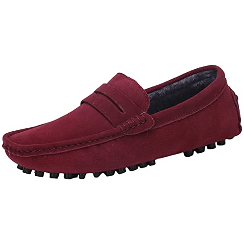 Jamron Herren Wildleder Penny Loafers Gemütlich Fahrende Schuhe Mokassin Slippers Plüsch Gefüttert Rotwein 2088-2 UK12/EU47 von Jamron