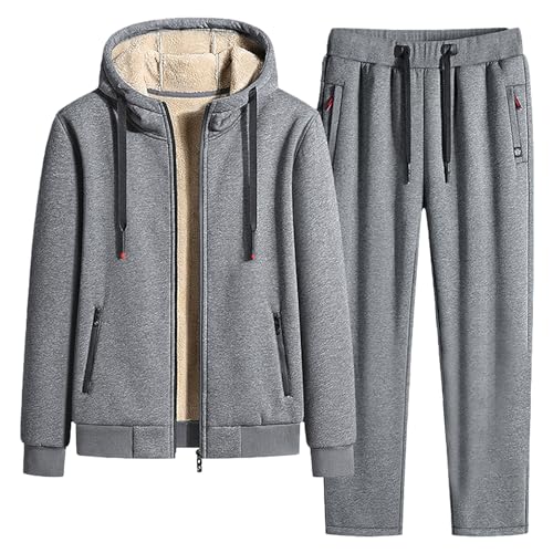 Jamron Herren Winter Fleece Gefüttert Baumwoll Trainingsanzug Set Kapuzenjacke und Jogginghose mit Reißverschlusstaschen Straight Leg Grau S von Jamron