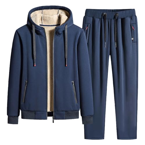 Jamron Herren Winter Fleece Gefüttert Baumwoll Trainingsanzug Set Kapuzenjacke und Jogginghose mit Reißverschlusstaschen Straight Leg Marineblau XL von Jamron