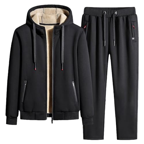 Jamron Herren Winter Fleece Gefüttert Baumwoll Trainingsanzug Set Kapuzenjacke und Jogginghose mit Reißverschlusstaschen Straight Leg Schwarz L von Jamron