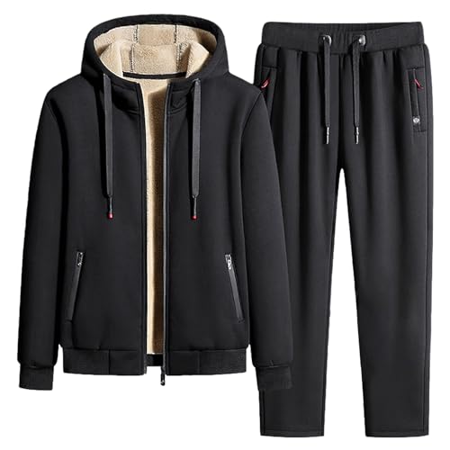 Jamron Herren Winter Fleece Gefüttert Baumwoll Trainingsanzug Set Kapuzenjacke und Jogginghose mit Reißverschlusstaschen Straight Leg Schwarz XL von Jamron