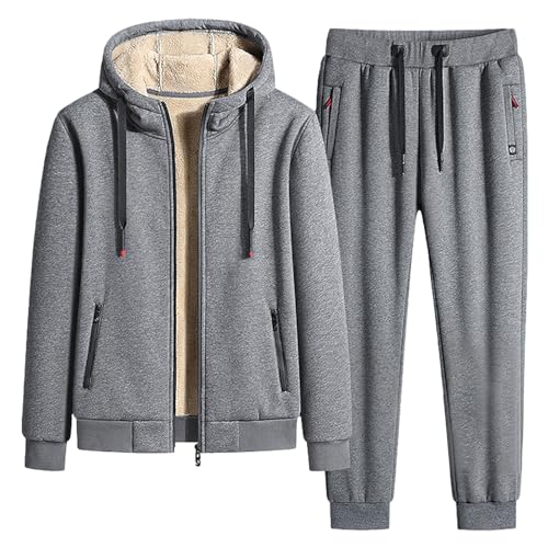 Jamron Herren Winter Fleece Gefüttert Baumwoll Trainingsanzug Set Kapuzenjacke und Jogginghose mit Reißverschlusstaschen Tapered Leg Grau M von Jamron