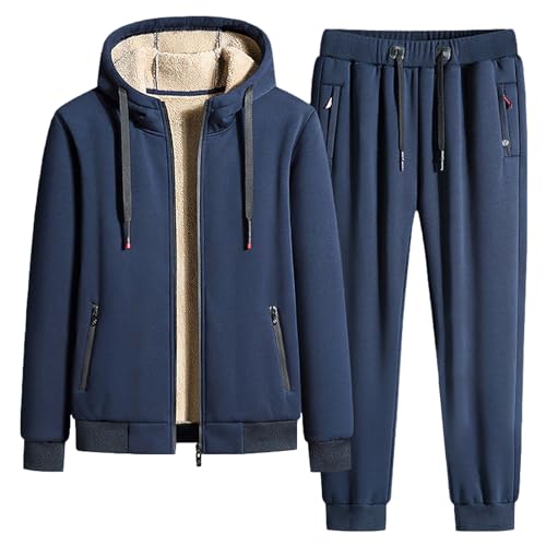 Jamron Herren Winter Fleece Gefüttert Baumwoll Trainingsanzug Set Kapuzenjacke und Jogginghose mit Reißverschlusstaschen Tapered Leg Marineblau XXL von Jamron