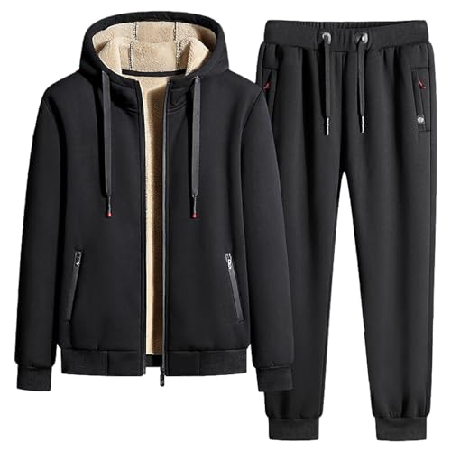 Jamron Herren Winter Fleece Gefüttert Baumwoll Trainingsanzug Set Kapuzenjacke und Jogginghose mit Reißverschlusstaschen Tapered Leg Schwarz M von Jamron