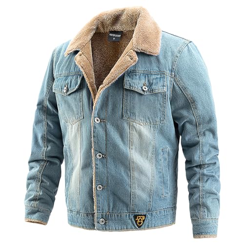 Jamron Herren Winter Fleece Gefütterte Jeansjacke mit Kragen Warme Flauschige Trucker Denim Jacke mit Multitaschen Hellblau S von Jamron