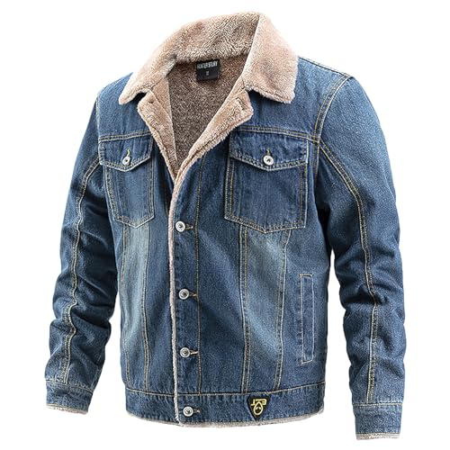 Jamron Herren Winter Fleece Gefütterte Jeansjacke mit Kragen Warme Flauschige Trucker Denim Jacke mit Multitaschen Marineblau M von Jamron