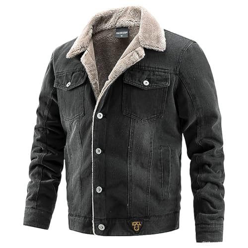 Jamron Herren Winter Fleece Gefütterte Jeansjacke mit Kragen Warme Flauschige Trucker Denim Jacke mit Multitaschen Schwarz XL von Jamron