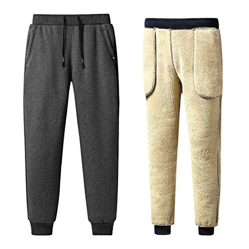 Jamron Herren Winter Sherpa Fleece Jogginghose Thermo Laufhose Lang mit 2 Reißverschluss Taschen Tapered Grau 4XL von Jamron