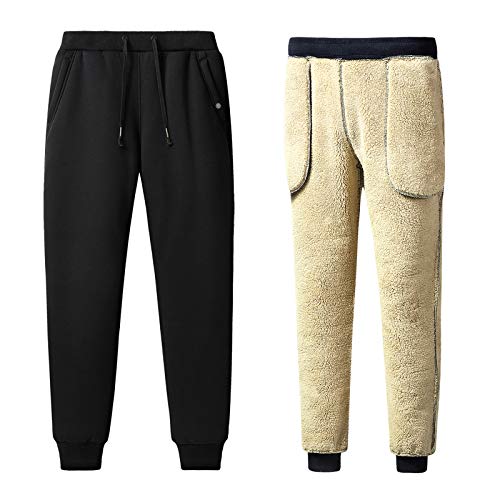 Jamron Herren Winter Sherpa Fleece Jogginghose Thermo Laufhose Lang mit 2 Reißverschluss Taschen Tapered Schwarz 3XL von Jamron