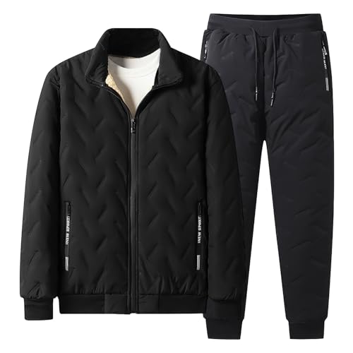 Jamron Herren Winter Warm Gesteppt Fleece Gefüttert Trainingsanzug Set Thermo Fleecejacke und Jogginghose mit Reißverschluss Taschen Schwarz L von Jamron