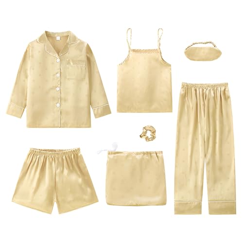 Jamron Mädchen 7PCS Satin Pyjama Set Frühling Sommer Herbst Tops & Kurze Hose Nachtwäsche SN07655-2 Gold Herz 160CM von Jamron
