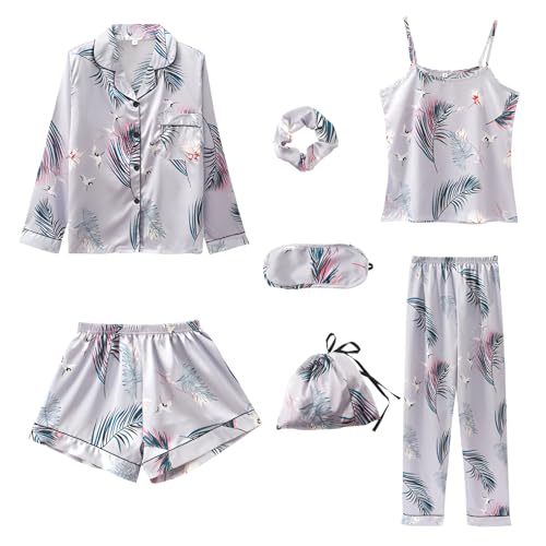 Jamron Mädchen 7PCS Satin Pyjama Set Frühling Sommer Herbst Tops & Kurze Hose Nachtwäsche SN07655-2 Grau Kranich 160CM von Jamron
