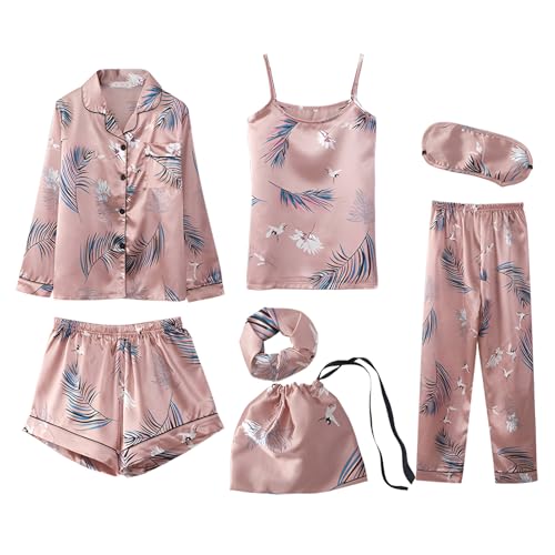Jamron Mädchen 7PCS Satin Pyjama Set Frühling Sommer Herbst Tops & Kurze Hose Nachtwäsche SN07655-2 Rosa Kranich 140CM von Jamron