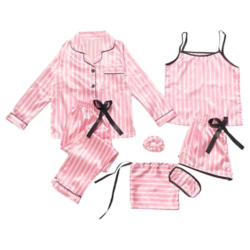 Jamron Mädchen 7PCS Satin Pyjama Set Frühling Sommer Herbst Tops & Kurze Hose Nachtwäsche SN07655-2 Rosa Streifen 150CM von Jamron