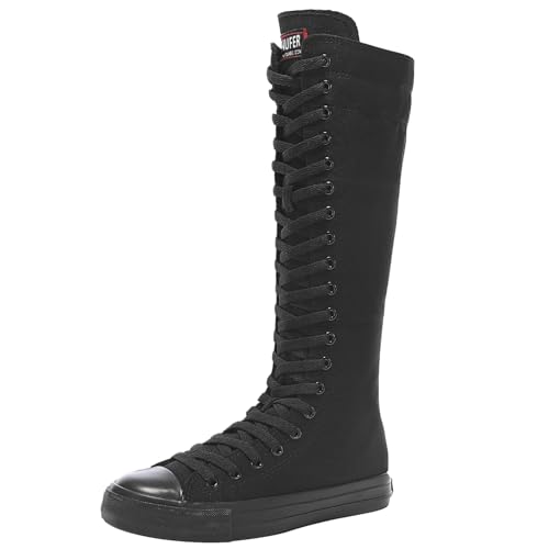 Jamron Mädchen Damen Modisch Knie Hoch Schnüren Segeltuch Stiefel Rein Schwarz Leinenschuhe Reißverschluss Tanzschuhe SN811 EU38 von Jamron