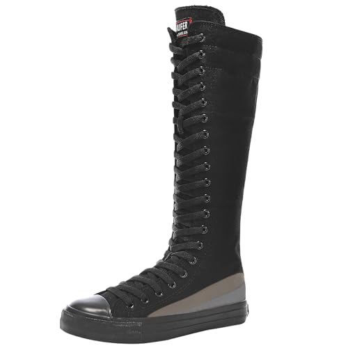 Jamron Damen Segeltuch Keilabsatz Kniestiefel mit Reißverschluss Schwarz SN811-1 EU38 von Jamron