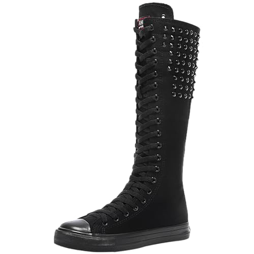 Jamron Mädchen Damen Modisch Knie Hoch Schnüren Segeltuch Stiefel Rein Schwarz Leinenschuhe Reißverschluss Tanzschuhe Nieten SN816 EU36 von Jamron