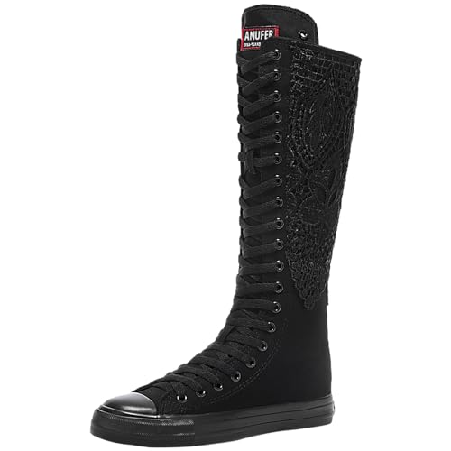 Jamron Mädchen Damen Modisch Knie Hoch Schnüren Segeltuch Stiefel Rein Schwarz Leinenschuhe Reißverschluss Tanzschuhe Spitzenbesatz SN815 EU35 von Jamron