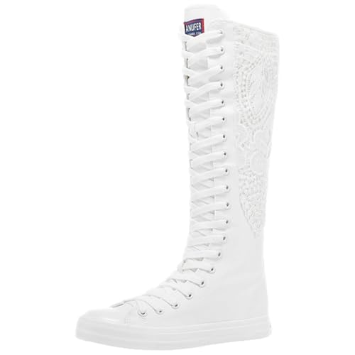 Jamron Mädchen Damen Modisch Knie Hoch Schnüren Segeltuch Stiefel Rein Weiß Leinenschuhe Reißverschluss Tanzschuhe Spitzenbesatz SN815 EU38 von Jamron