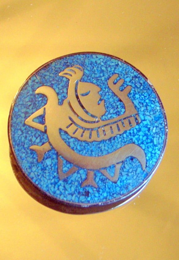 Jahrgang Taxco Brosche - Azteken Maya Krieger Kopf-Schlange-Huge Mid-Century Modernist Adler 1 Mark Türkis Silber Stammes-Eidechse Design von JanEleven