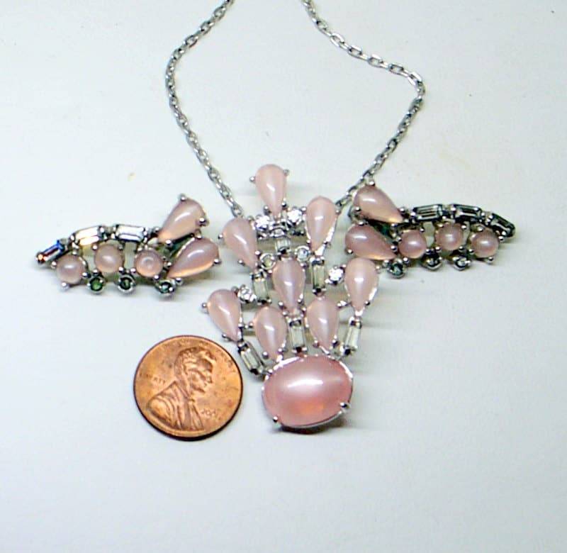 Vintage Rosa Erröten Strass Set - Halskette Und Ohrringe Braut Hochzeitskleid Moonglow Silber Schön Signiert von JanEleven