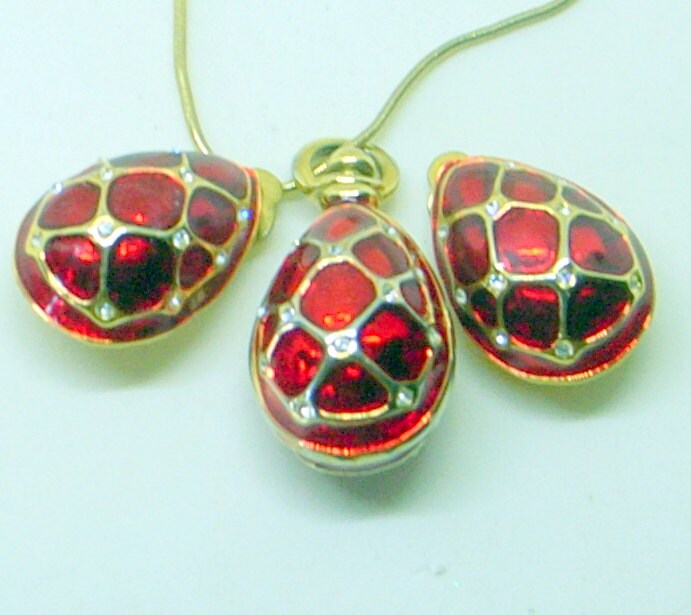 Vintage Sterling Ei Halskette Und Ohrringe - Rote Guilloche " Emaille Faberge Danecraft Clip Ostern Muttertag von JanEleven