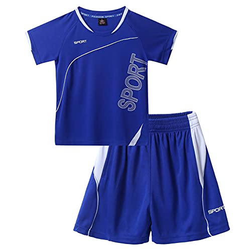 JanJean 2 tlg Jungen Sportanzug Set Kurzarm T-Shirt mit Loose Fit Shorts Kinder Sommer Outfits Sportswear Joggingsanzug F Blau 158-164 von JanJean