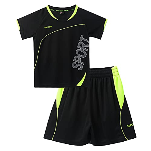 JanJean 2 tlg Jungen Sportanzug Set Kurzarm T-Shirt mit Loose Fit Shorts Kinder Sommer Outfits Sportswear Joggingsanzug F Schwarz 134-140 von JanJean