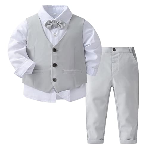 JanJean Baby Jungen Outfits Anzüge Kinder Langarm Hemd + Weste + Hosen + Krawatte Gentleman Festliche Hochzeitsanzüg Z Grau 80-86 von JanJean