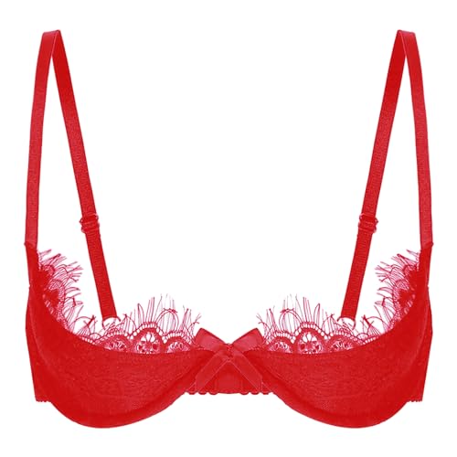 JanJean Damen Floral Hebe BH Spitze Bustier 1/2 Tassen Bralette Brustfrei Büstenhebe Lingerie Bikini Reizwäsche Dessous T Rot L von JanJean