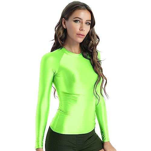 JanJean Damen Langarm/Kurzarm Shirt Glänzend Sportshirt Slim Fit Crop Top Schnell Trocken Elastisch Oberteile Yoga Gym T-Shirt Neongrün L von JanJean