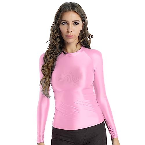 JanJean Damen Langarm/Kurzarm Shirt Glänzend Sportshirt Slim Fit Crop Top Schnell Trocken Elastisch Oberteile Yoga Gym T-Shirt Rosa L von JanJean