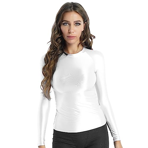 JanJean Damen Langarm/Kurzarm Shirt Glänzend Sportshirt Slim Fit Crop Top Schnell Trocken Elastisch Oberteile Yoga Gym T-Shirt Weiß XL von JanJean