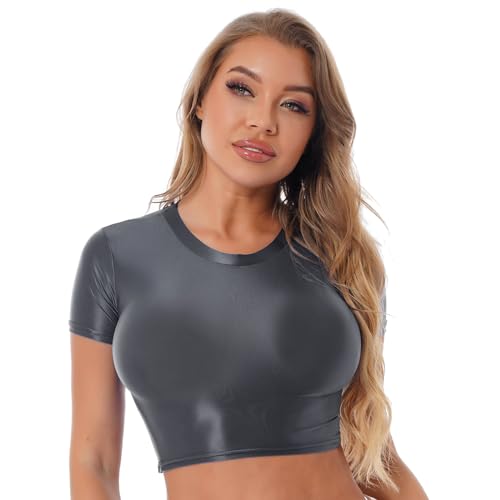 JanJean Damen Langarm/Kurzarm Shirt Glänzend Sportshirt Slim Fit Crop Top Schnell Trocken Elastisch Oberteile Yoga Gym T-Shirt X Grau XL von JanJean