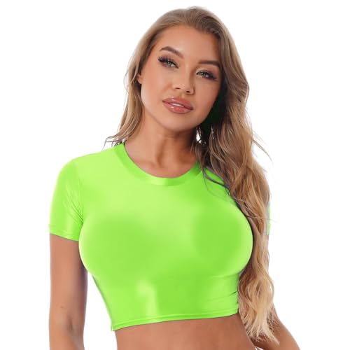 JanJean Damen Langarm/Kurzarm Shirt Glänzend Sportshirt Slim Fit Crop Top Schnell Trocken Elastisch Oberteile Yoga Gym T-Shirt X Leuchten Grün XL von JanJean