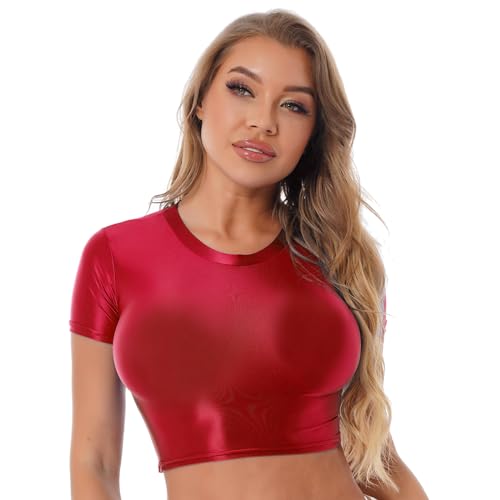 JanJean Damen Langarm/Kurzarm Shirt Glänzend Sportshirt Slim Fit Crop Top Schnell Trocken Elastisch Oberteile Yoga Gym T-Shirt X Rot XL von JanJean