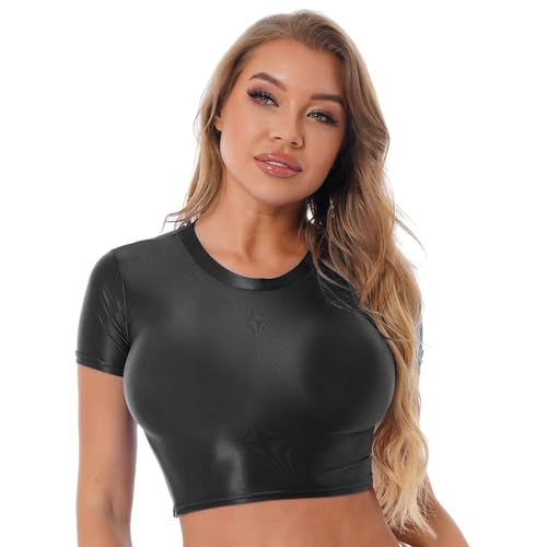 JanJean Damen Langarm/Kurzarm Shirt Glänzend Sportshirt Slim Fit Crop Top Schnell Trocken Elastisch Oberteile Yoga Gym T-Shirt X Schwarz M von JanJean