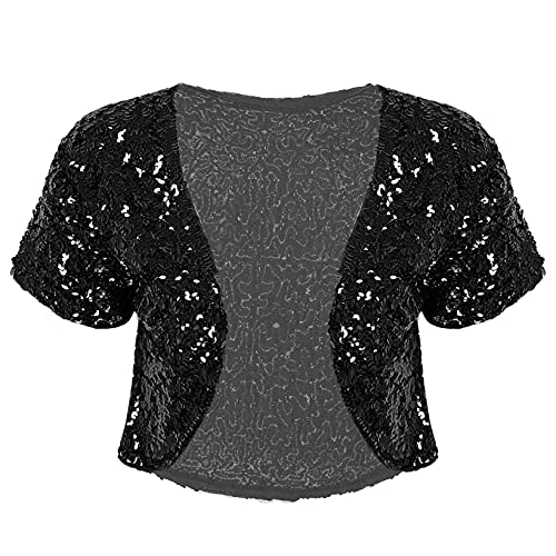 JanJean Damen Glänzende Pailletten Bolero Kurzjacke Mantel Glitzer Strickjacke Shrug Bolerojacke Festlich Kurz Cardigan Bühnenkostüm Schwarz Einheitsgröße von JanJean