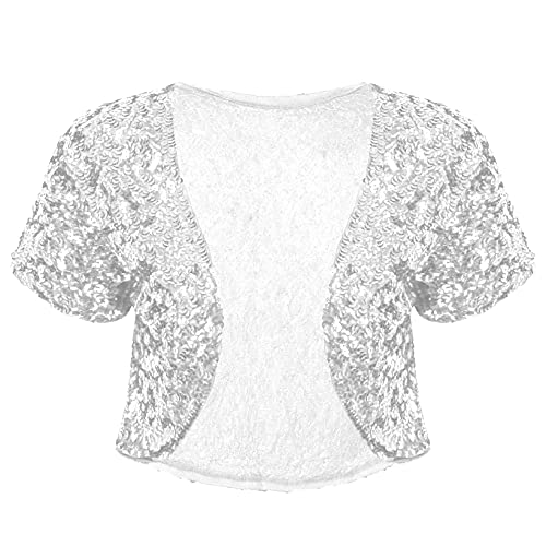 JanJean Damen Glänzende Pailletten Bolero Kurzjacke Mantel Glitzer Strickjacke Shrug Bolerojacke Festlich Kurz Cardigan Bühnenkostüm Silber Einheitsgröße von JanJean