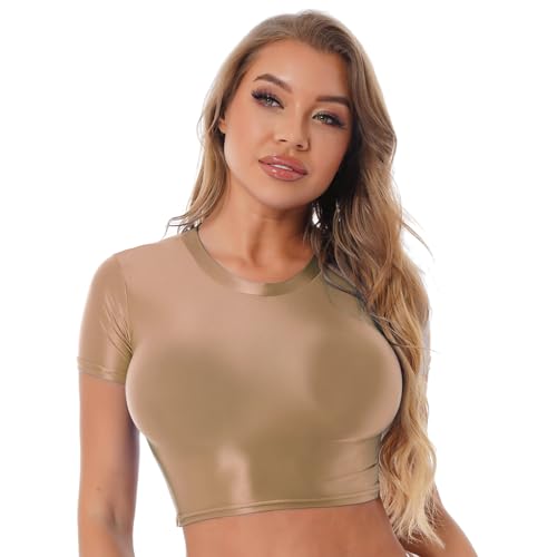 JanJean Damen Langarm/Kurzarm Shirt Glänzend Sportshirt Slim Fit Crop Top Schnell Trocken Elastisch Oberteile Yoga Gym T-Shirt X Kaffee XL von JanJean