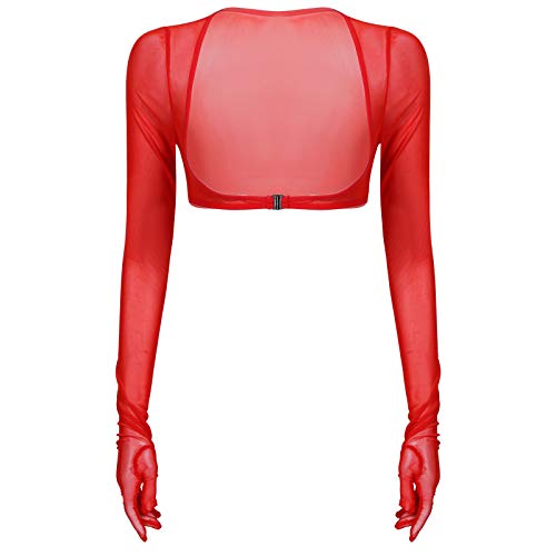 JanJean Damen Mesh Crop Top Langarm mit Handschuhen Cardigan Bolero Open Front Festlich Blazer Bolerojacke Schulterjacke Kurz Clubwear Rot XL von JanJean