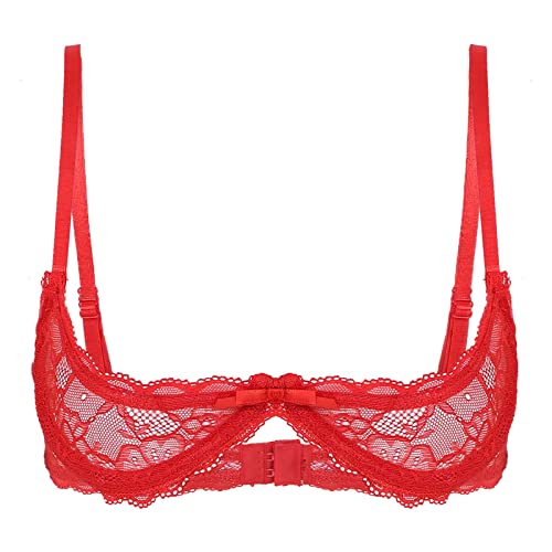 JanJean Damen Spitzen Hebe-BH 1/2 Tasse Push Up Spitze Bra mit Bügel Gepolsterte Büstenhebe Büstenhalter Dünne Weiche Unterwäsche Dessous A Rot 3XL von JanJean