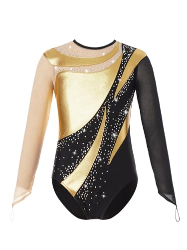 JanJean Gymnastikanzug Kinder Mädchen Langarm Turnanzug Trikot mit Strass Glitzer Ballett Trikot Tanzbody Tanz Kleid Gymnastik Training Dancewear S Gold 110-116 von JanJean